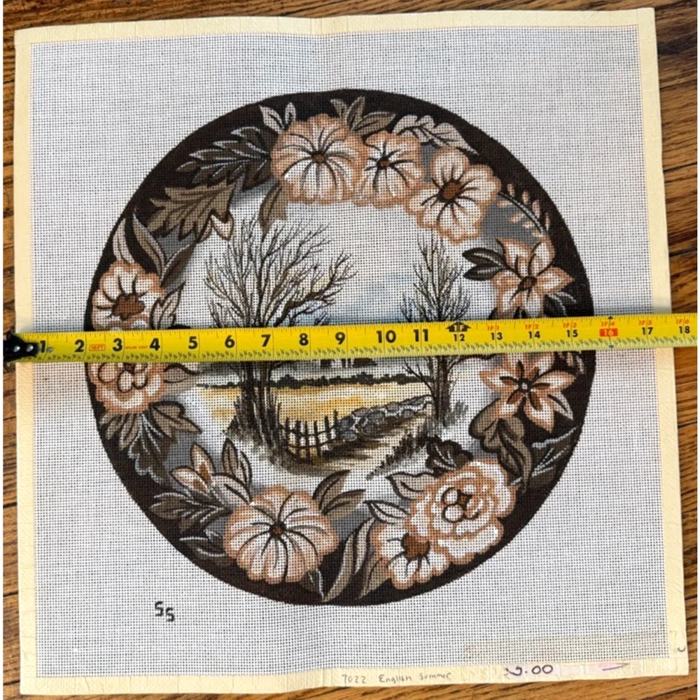 Painted Needlepoint Canvas English Summer Signed SS Floral Landscape Round 14